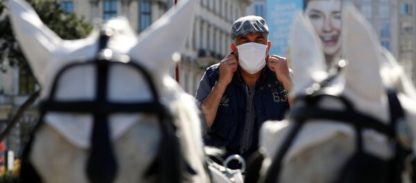 Конный экипаж, доставляющий еду во время пандемии коронавируса на улице Вены Конный экипаж, доставляющий еду во время пандемии коронавируса на улице Вены - Sputnik Lietuva