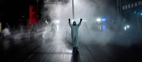 Добровольцы из команды спасателей Blue Sky во время проведения дезинфекции в Большом театре Цинтай в Ухане Добровольцы из команды спасателей Blue Sky во время проведения дезинфекции в Большом театре Цинтай в Ухане - Sputnik Lietuva