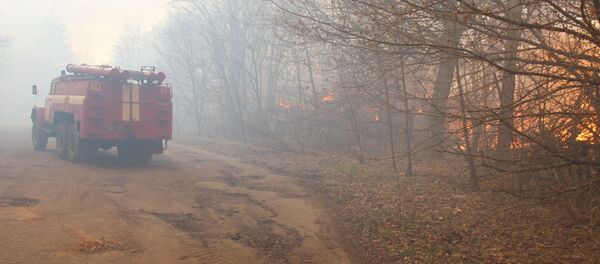 Пожарная машина видна на месте пожара в зоне отчуждения вокруг Чернобыльской АЭС, в Киевской области Пожарная машина видна на месте пожара в зоне отчуждения вокруг Чернобыльской АЭС, в Киевской области - Sputnik Lietuva