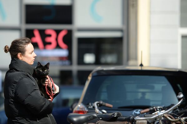 Девушка с кошкой на руках на одной из улиц Брюсселя, Бельгия - Sputnik Lietuva