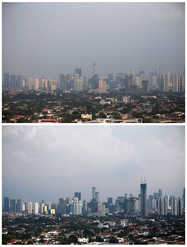 Вид на здания в Джакарте 4 июля 2019 и 16 апреля 2020 - Sputnik Литва