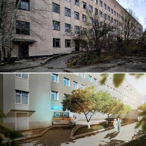 Фотографии больницы города Припять после аварии на Чернобыльской АЭС и в фантазии художника без аварии - Sputnik Lietuva