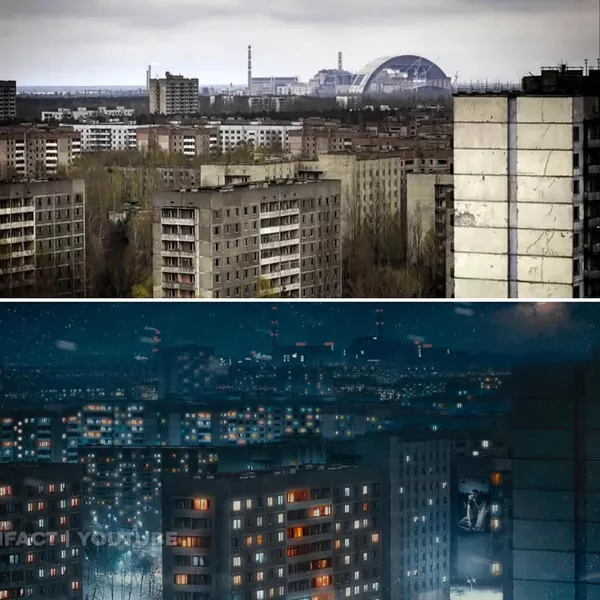 Фотографии домов города Припять после аварии на Чернобыльской АЭС и в фантазии художника без аварии