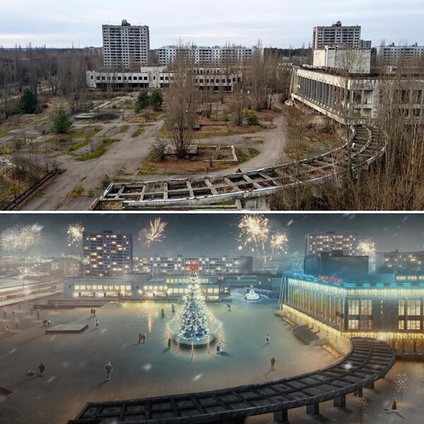 Фотографии площади города Припять после аварии на Чернобыльской АЭС и в фантазии художника без аварии - Sputnik Lietuva