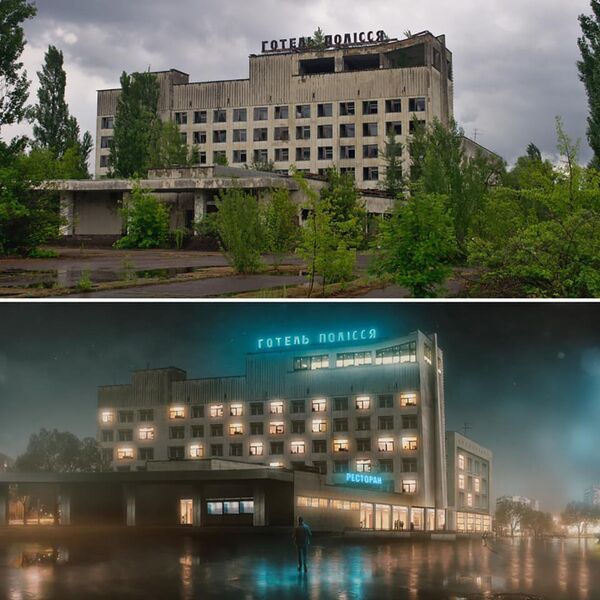 Фотографии гостиницы города Припять после аварии на Чернобыльской АЭС и в фантазии художника без аварии - Sputnik Lietuva