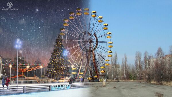 Фотографии колеса обозрения города Припять после аварии на Чернобыльской АЭС и в фантазии художника без аварии - Sputnik Lietuva