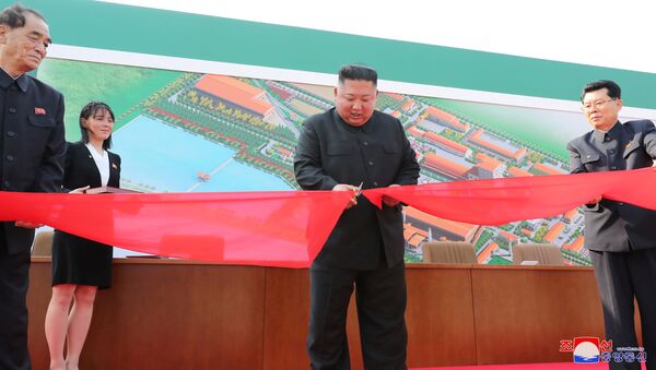 Лидер КНДР Ким Чен Ын на церемонии открытия Сунчхонского завода удобрений - Sputnik Lietuva