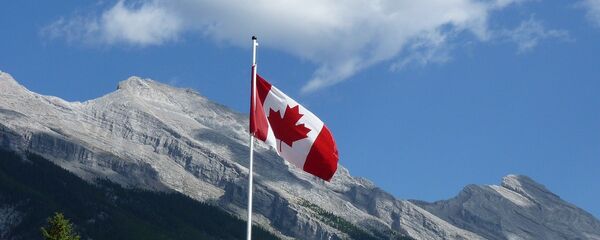 Канадский флаг на фоне гор, архивное фото - Sputnik Литва