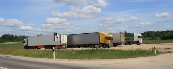 Грузовые автомобили на стоянке в районе КПП Мядининкай Грузовые автомобили на стоянке в районе КПП Мядининкай - Sputnik Lietuva