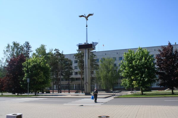 Здание администрации Висагинаса и стела с аистом - Sputnik Lietuva