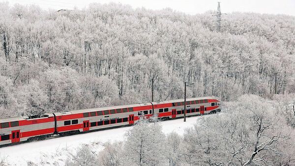 Поезд едет через заснеженный лес, архивное фото - Sputnik Литва