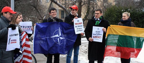 Пикетчики с плакатами и флагами Литвы, НАТО и США - Sputnik Литва