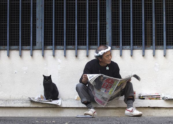 Кот рядом с мужчиной, читающим газету в Токио - Sputnik Lietuva