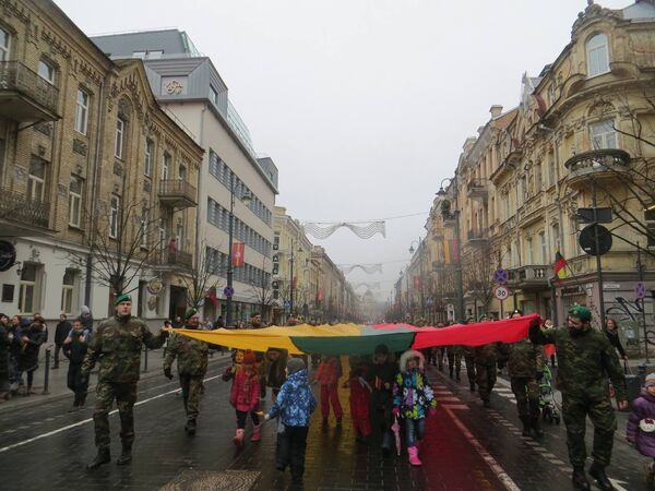 С помощью военных полотнище протекло по проспекту Гедиминаса до Кафедральной площади - Sputnik Литва