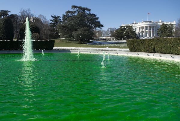 Вода в фонтане подкрашена в зеленый цвет в День Святого Патрика перед Белым домом в Вашингтоне - Sputnik Lietuva