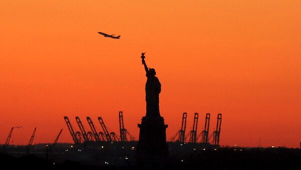 Самолет в Нью-Джерси за статуей Свободы в гавани Нью-Йорка - Sputnik Lietuva