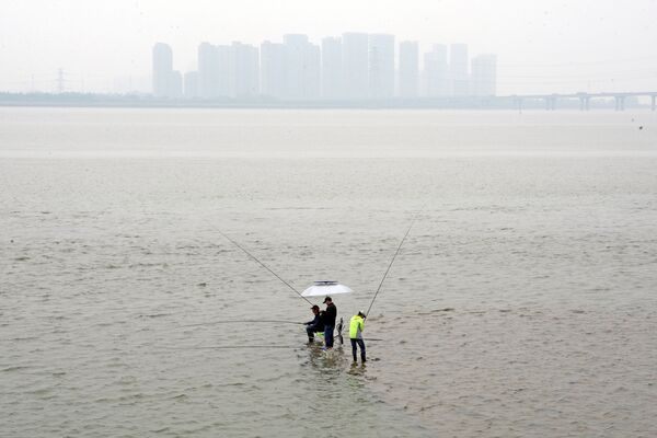 Люди ловят рыбу на реке Цяньтан в Ханчжоу - Sputnik Литва