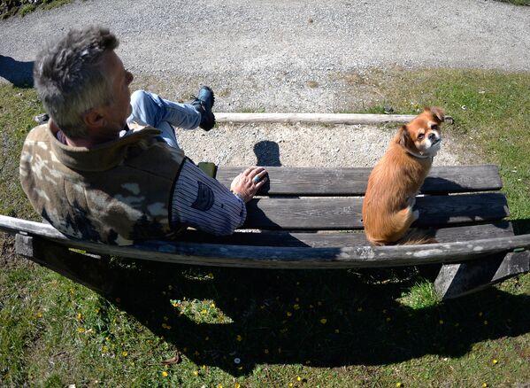 Хозяин с собакой сидят на скамейке - Sputnik Литва