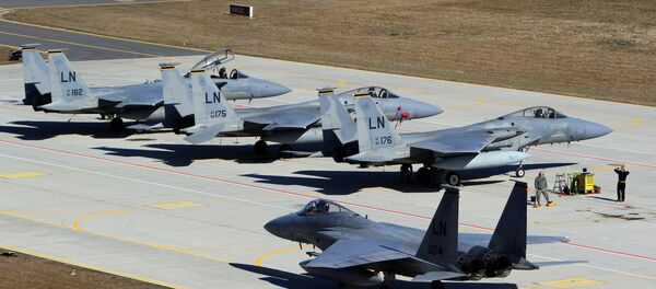 На авиационной базе ВВС Литвы и НАТО американские реактивные истребители F15C Eagle, архивное фото На авиационной базе ВВС Литвы и НАТО американские реактивные истребители F15C Eagle, архивное фото - Sputnik Литва