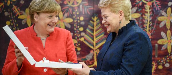 Президент Даля Грибаускайте вручила государственную награду Канцлеру Германии Ангеле Меркель Президент Даля Грибаускайте вручила государственную награду Канцлеру Германии Ангеле Меркель - Sputnik Lietuva