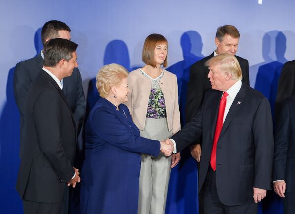 Президент Литвы Даля Грибаускайте и президент США Дональд Трамп на встрече в Варшаве - Sputnik Литва