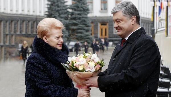 Президент Украины Петр Порошенко, справа, вручает цветы президенту Литвы Далии Грибаускайте, архивное фото - Sputnik Литва