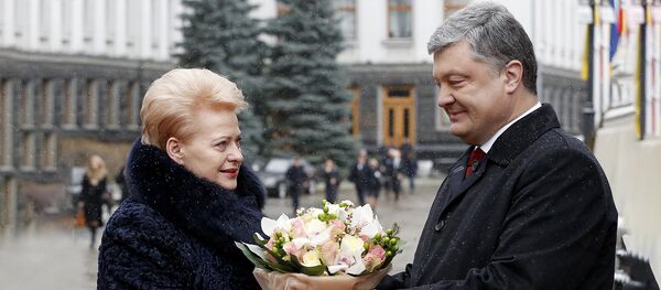 Президент Украины Петр Порошенко вручает цветы президенту Литвы Далии Грибаускайте, архивное фото - Sputnik Литва