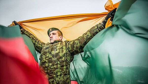 Литовский военный с флагом Литвы - Sputnik Lietuva