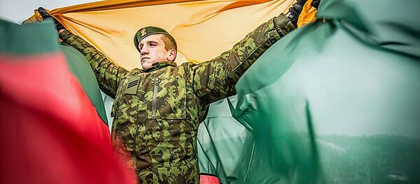Литовский военный с флагом Литвы, архивное фото Литовский военный с флагом Литвы, архивное фото - Sputnik Литва