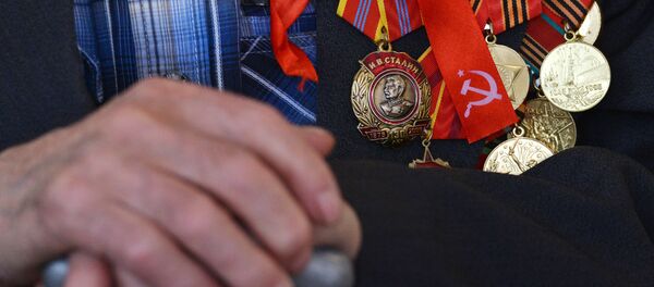 Ордена и медали на груди ветерана Великой отечественной войны, архивное фото - Sputnik Литва