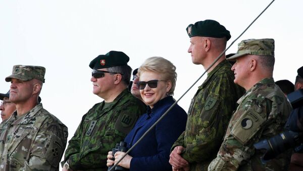 Президент Литвы Даля Грибаускайте и солдаты литовской армии во время учений Железный волк-2016 - Sputnik Литва