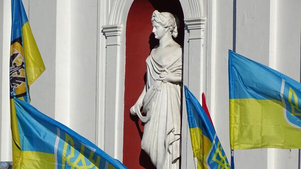 Фасад здания мэрии с украинскими флагами, Одесса, архивное фото - Sputnik Литва