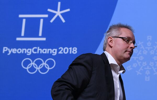 Генеральный секретарь Спортивного арбитражного суда Матье Риб во время пресс-конференции Спортивного арбитражного суда (CAS) по апелляциям 32 российских атлетов, не получивших приглашений на XXIII зимние Олимпийские игры Генеральный секретарь Спортивного арбитражного суда Матье Риб во время пресс-конференции Спортивного арбитражного суда (CAS) по апелляциям 32 российских атлетов, не получивших приглашений на XXIII зимние Олимпийские игры - Sputnik Литва