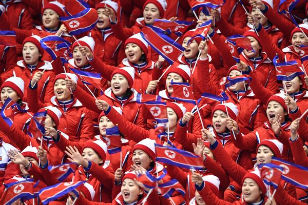 Северокорейские болельщики наблюдают за выступлениями фигуристов в короткой программе парного катания на соревнованиях по фигурному катанию на XXIII зимних Олимпийских играх - Sputnik Литва