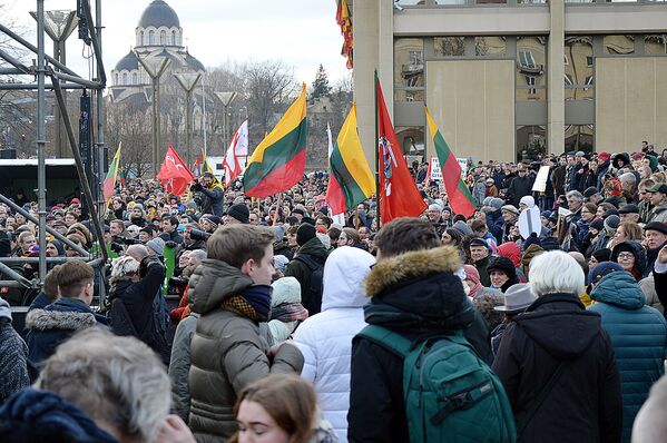 В Вильнюсе у здания литовского парламента прошел митинг из-за решения Сейма не лишать мандата депутата Миндаугаса Бастиса - Sputnik Литва