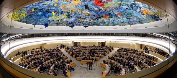 Зал заседаний Совета по правам человека ООН в Женеве Зал заседаний Совета по правам человека ООН в Женеве - Sputnik Lietuva