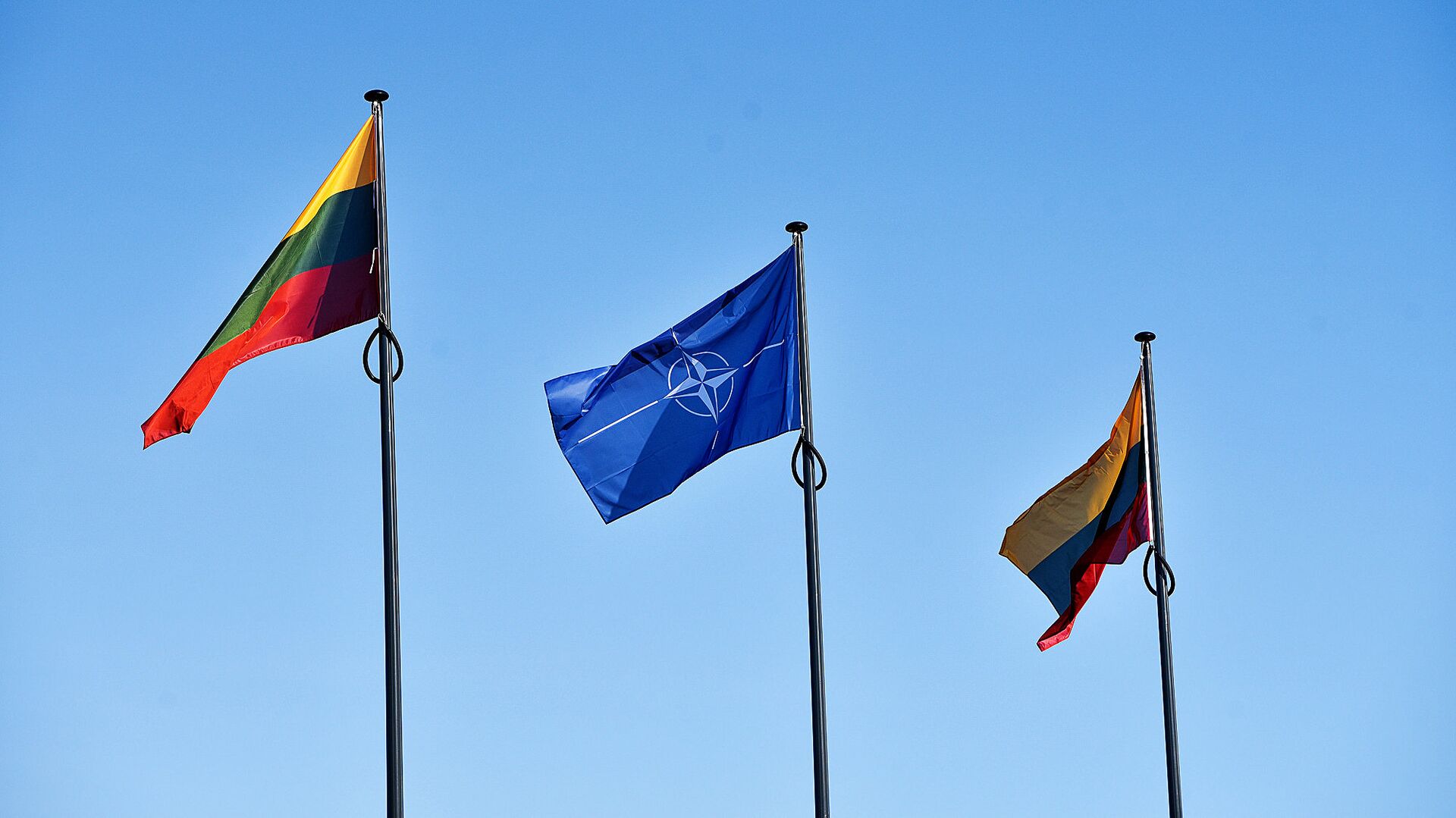 В связи с 14-й годовщиной членства Литвы в НАТО на площади Лукишкес подняли флаги Литвы и НАТО - Sputnik Литва, 1920, 09.06.2021