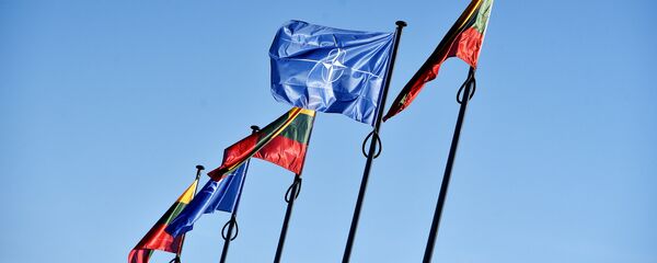 В связи с 14-й годовщиной членства Литвы в НАТО на площади Лукишкес подняли флаги Литвы и НАТО - Sputnik Литва