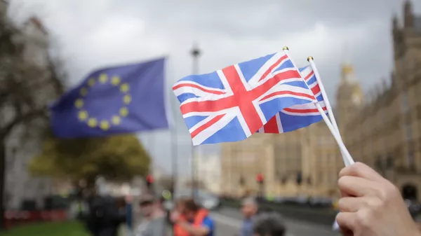 Britanijos vėliavėlės ir ES vėliava parlamento fone Londone - Sputnik Lietuva