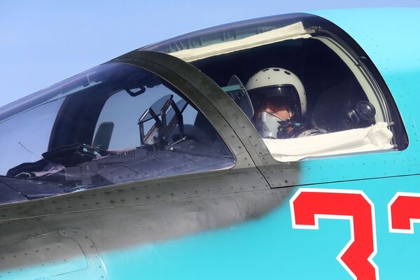 Летчик в кабине истребителя-бомбардировщика СУ-34 на соревнованиях военных летчиков Авиадартс-2018 в Приморье - Sputnik Литва