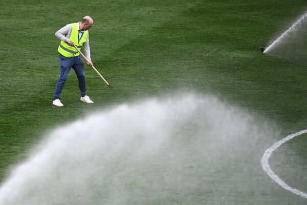 Уборка газона на поле на стадионе Волгоград Арена - Sputnik Литва