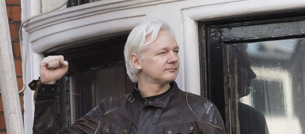 Сооснователь WikiLeaks Джулиан Ассанж на балконе здания посольства Эквадора в Лондоне, архивное фото - Sputnik Литва