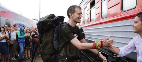 Участников программы Миссия Сибирь провожают на железно-дорожной станции в Вильнюсе Участников программы Миссия Сибирь провожают на железно-дорожной станции в Вильнюсе - Sputnik Lietuva