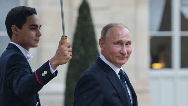 Президент РФ Владимир Путин покидает Елисейский дворец после рабочего завтрака от имени президента Франции Эммануэля Макрона  - Sputnik Lietuva
