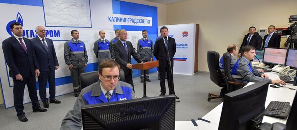 Президент РФ Владимир Путин на церемонии в режиме видеоконференции ввода в эксплуатацию терминала по приему газа - Sputnik Литва