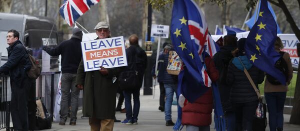Протестующие за Брексит и против Брексита собрались возле здания парламента в Лондоне, в четверг, 10 января 2019 года Протестующие за Брексит и против Брексита собрались возле здания парламента в Лондоне, в четверг, 10 января 2019 года - Sputnik Литва