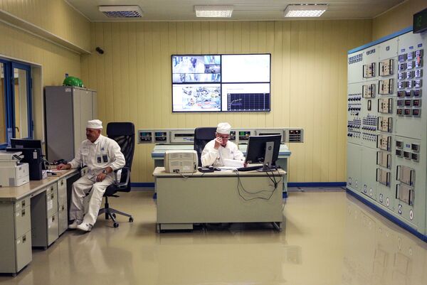 Сотрудники концерна Росэнергоатом в пункте выдачи дозиметров на Кольской АЭС Мурманской области - Sputnik Lietuva