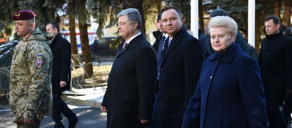 Президент Украины Петр Порошенко, президент Польши Анджей Дуда и президент Литвы Даля Грибаускайте на встрече в Люблине - Sputnik Литва