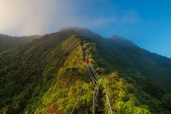 Тропа Хайку на острове Оаху — один из самых красивых и экстремальных туристических маршрутов на Гавайях. Лестница, состоящая из почти четырех тысяч ступенек, ведет на вершину утеса Кулау высотой 850 метров. Лестница была построена в 1942 году для нужд военных. По ней они добирались до расположенных на вершине холма антенн. Власти острова Оаху по-прежнему считают этот вертикальный маршрут слишком опасным как для путешественников, так и для местных жителей — и проход по нему временно запрещен.  - Sputnik Литва