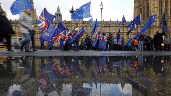 Протестующие против Brexit с флагами ЕС и Великобритании у парламента Британии в Лондоне, 12 марта 2019 года - Sputnik Литва